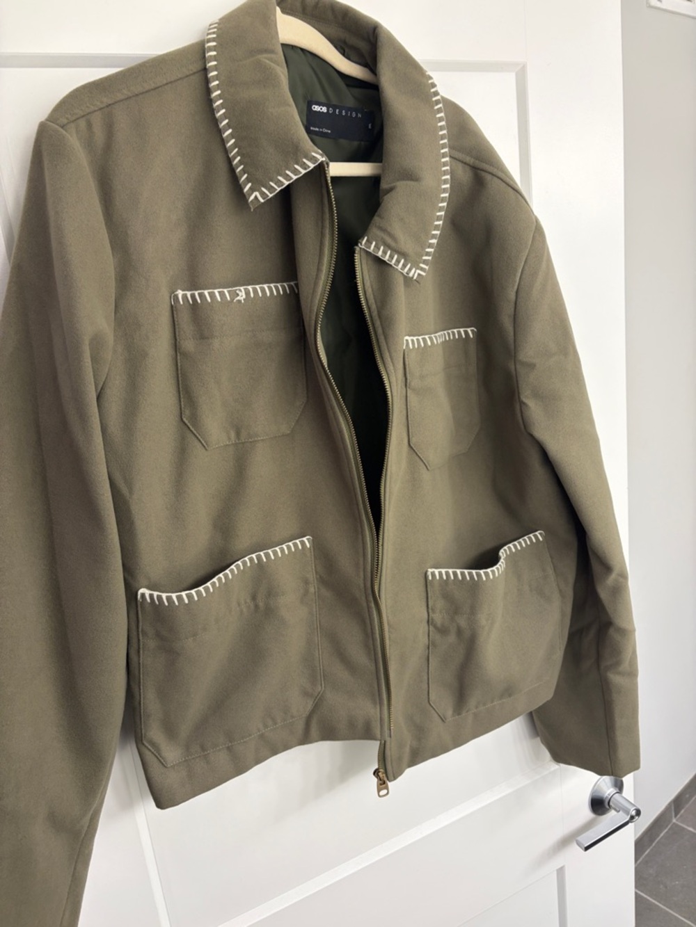 ASOS Olive Military Zip Jacket with White Stitching